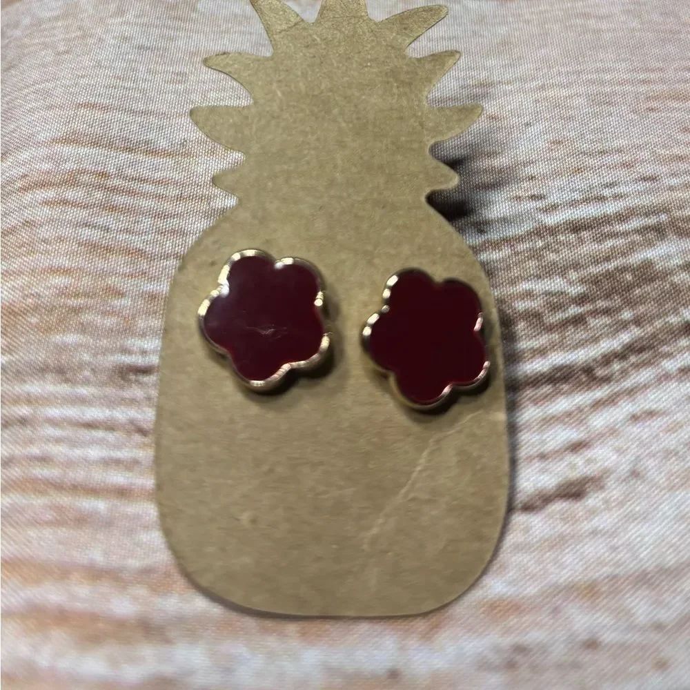 New Gold-Trim Burgundy Flower Stud Earrings - Women Jewelry